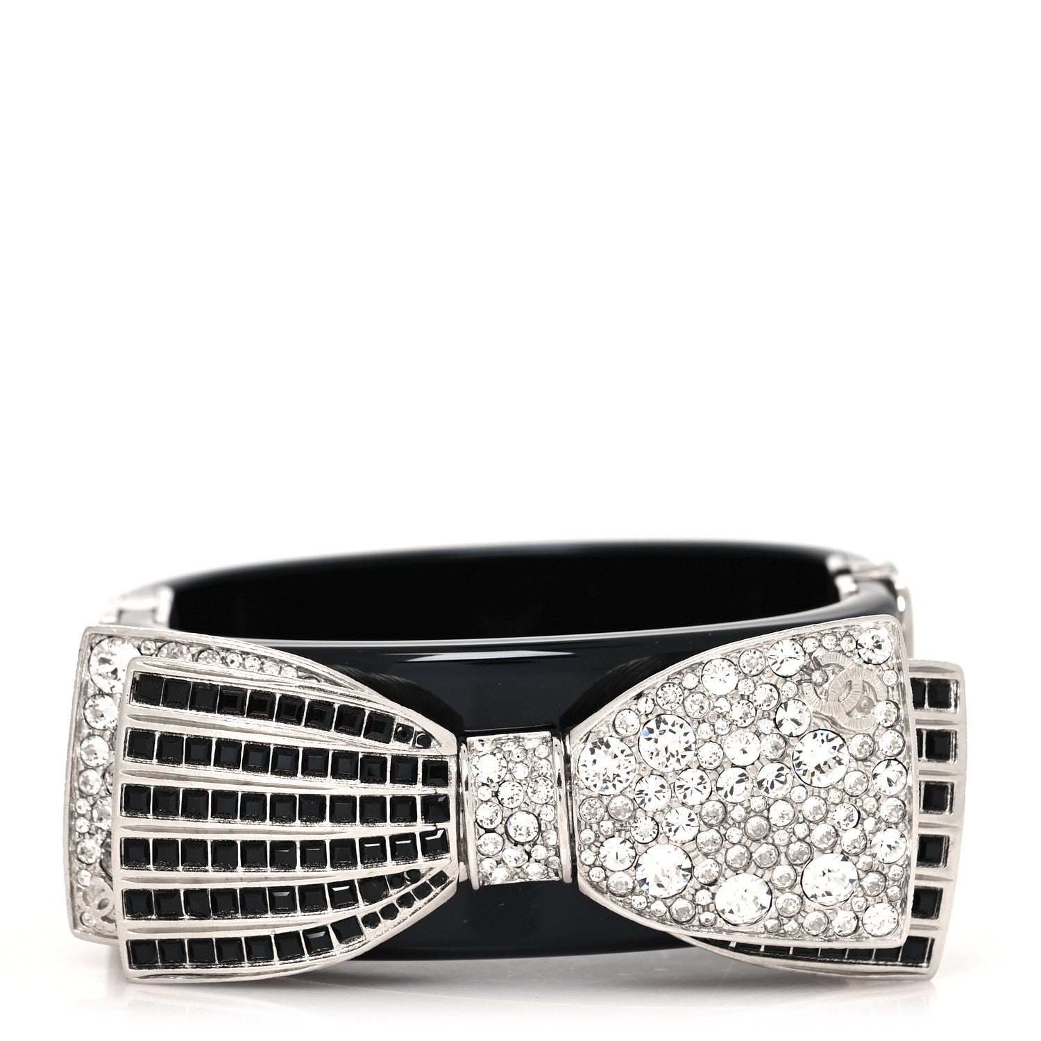 Chanel Resin Crystal CC Bow Cuff Bracelet Black Silver 1 of 5