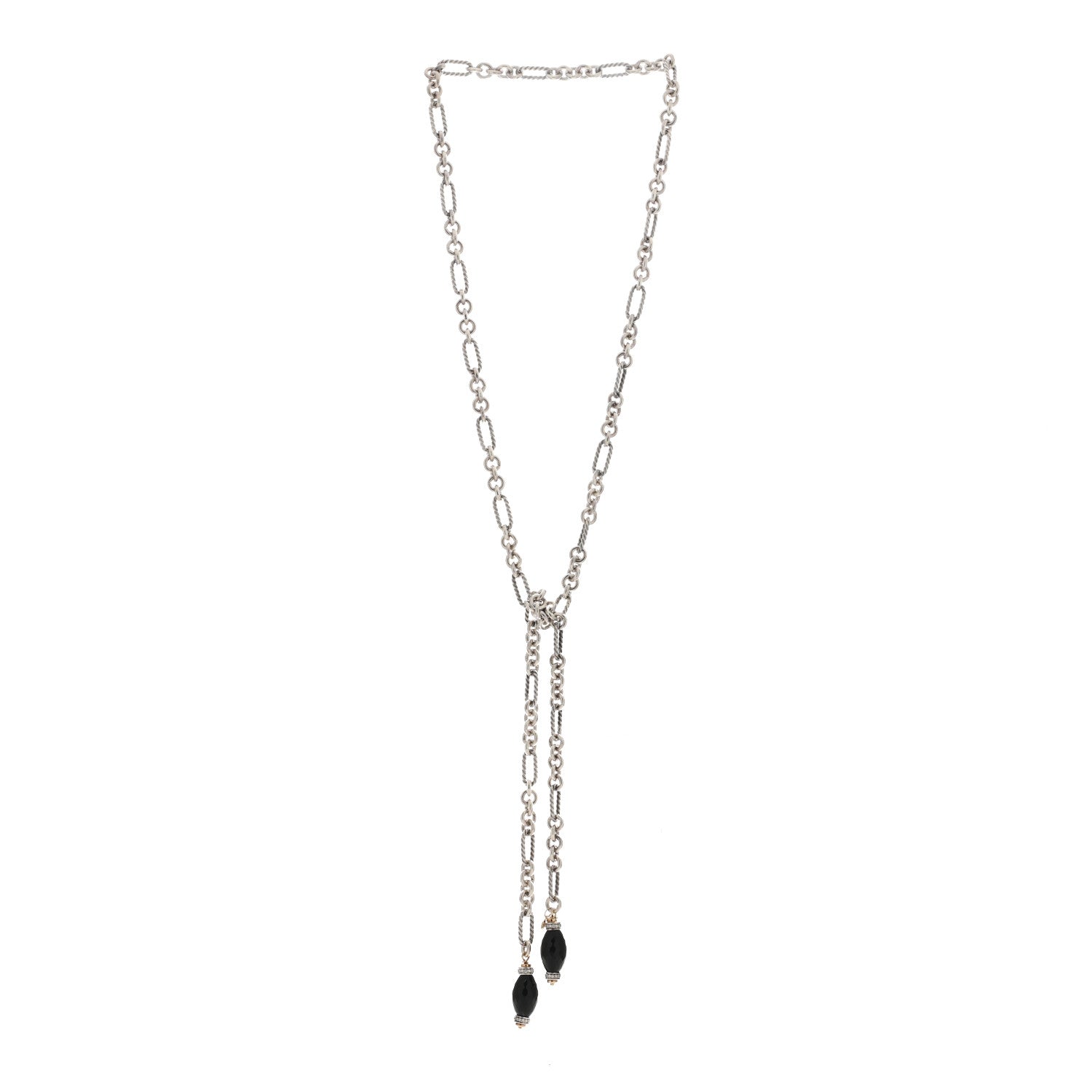 David Yurman Sterling Silver 18K Yellow Gold Diamond Black Onyx Figaro Chain Wrap Necklace 2 of 3