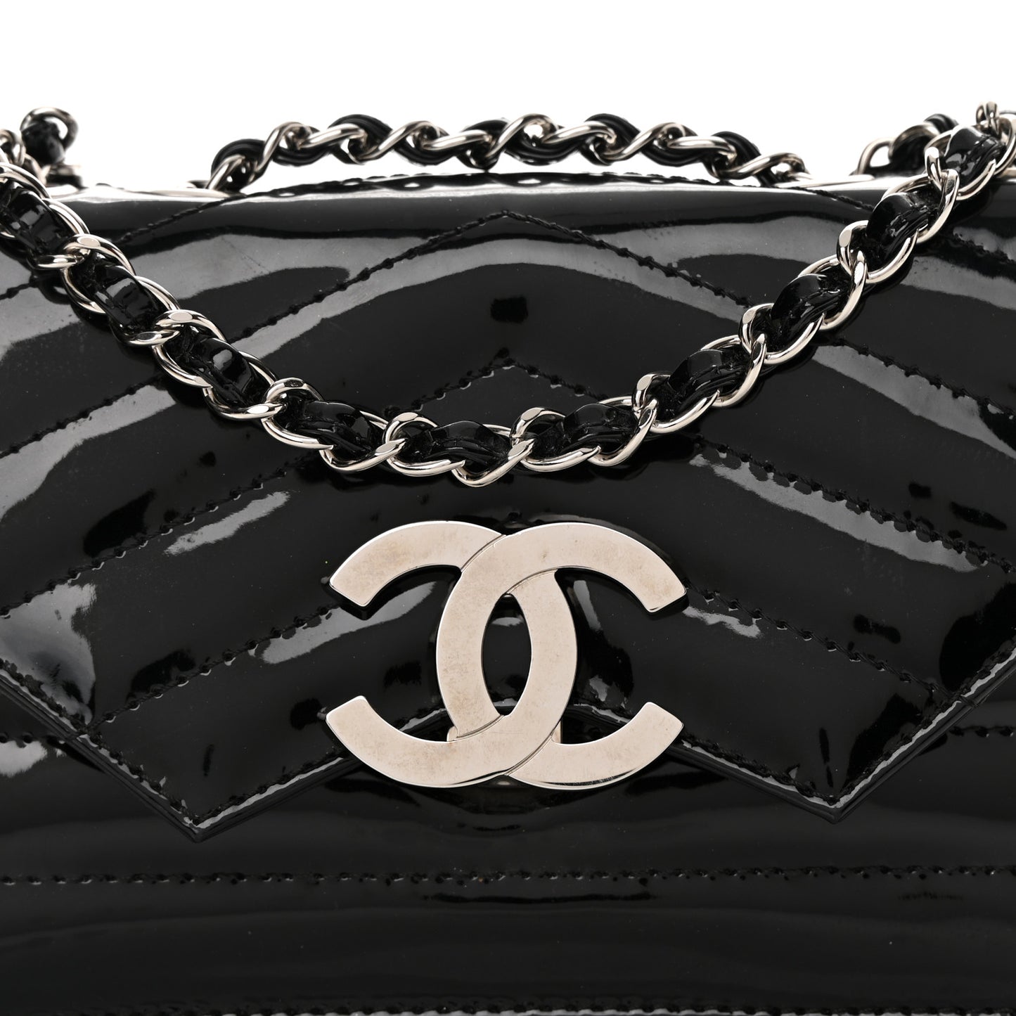 Patent Quilted Chevron Cutaway Flap Bag Black