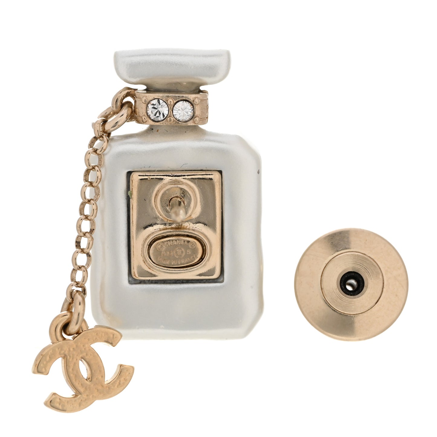 Pearl Resin Crystal CC No 5 Perfume Bottle Brooch Gold Pearly