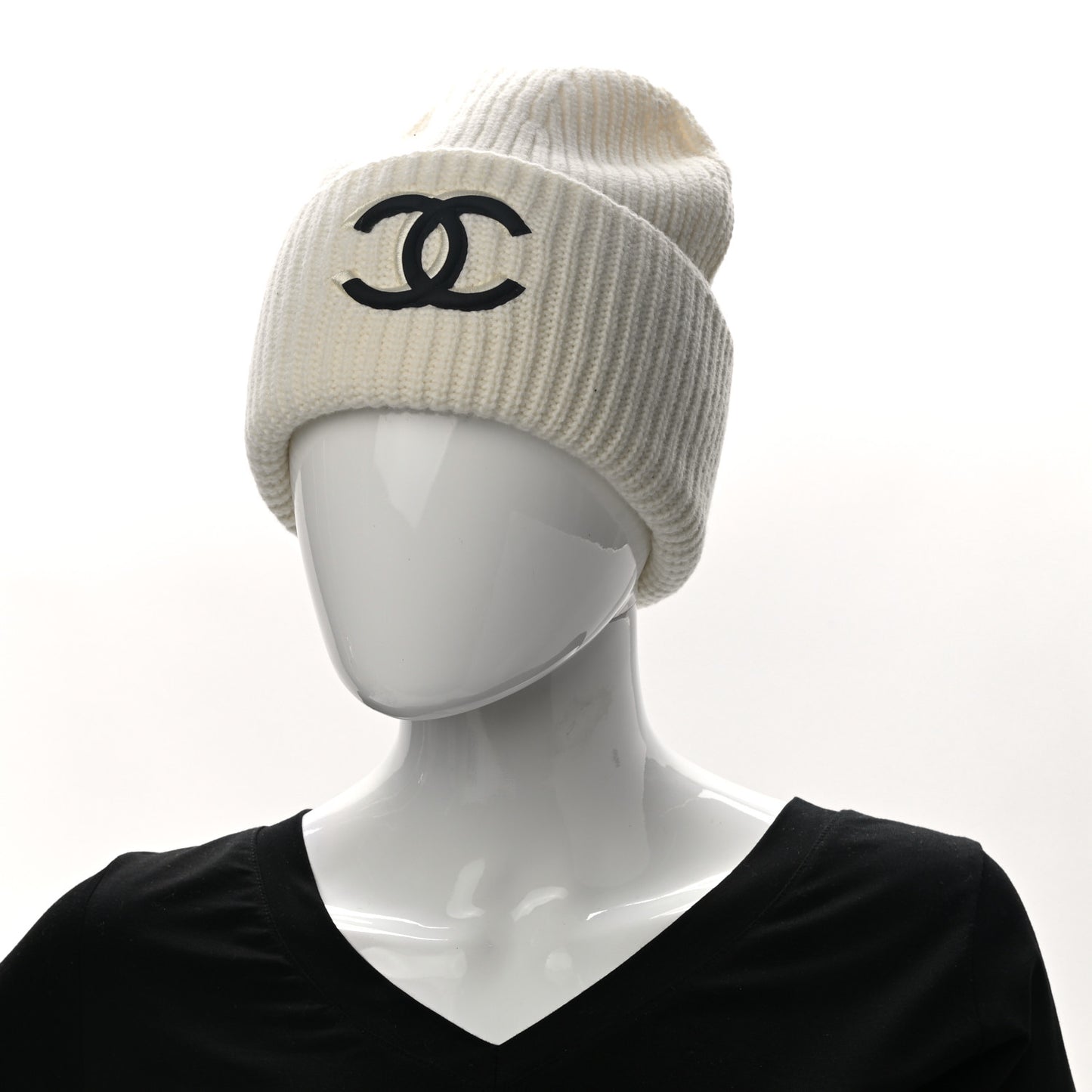 Wool Cashmere CC Beanie Hat White Black