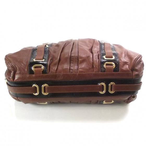 Leather Striping Bowler Tote Bag Chestnut