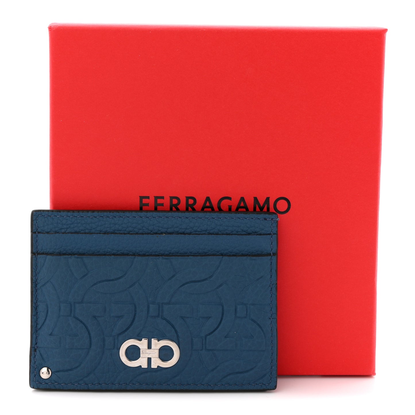 Calfskin Embossed Logo Card Case Blue