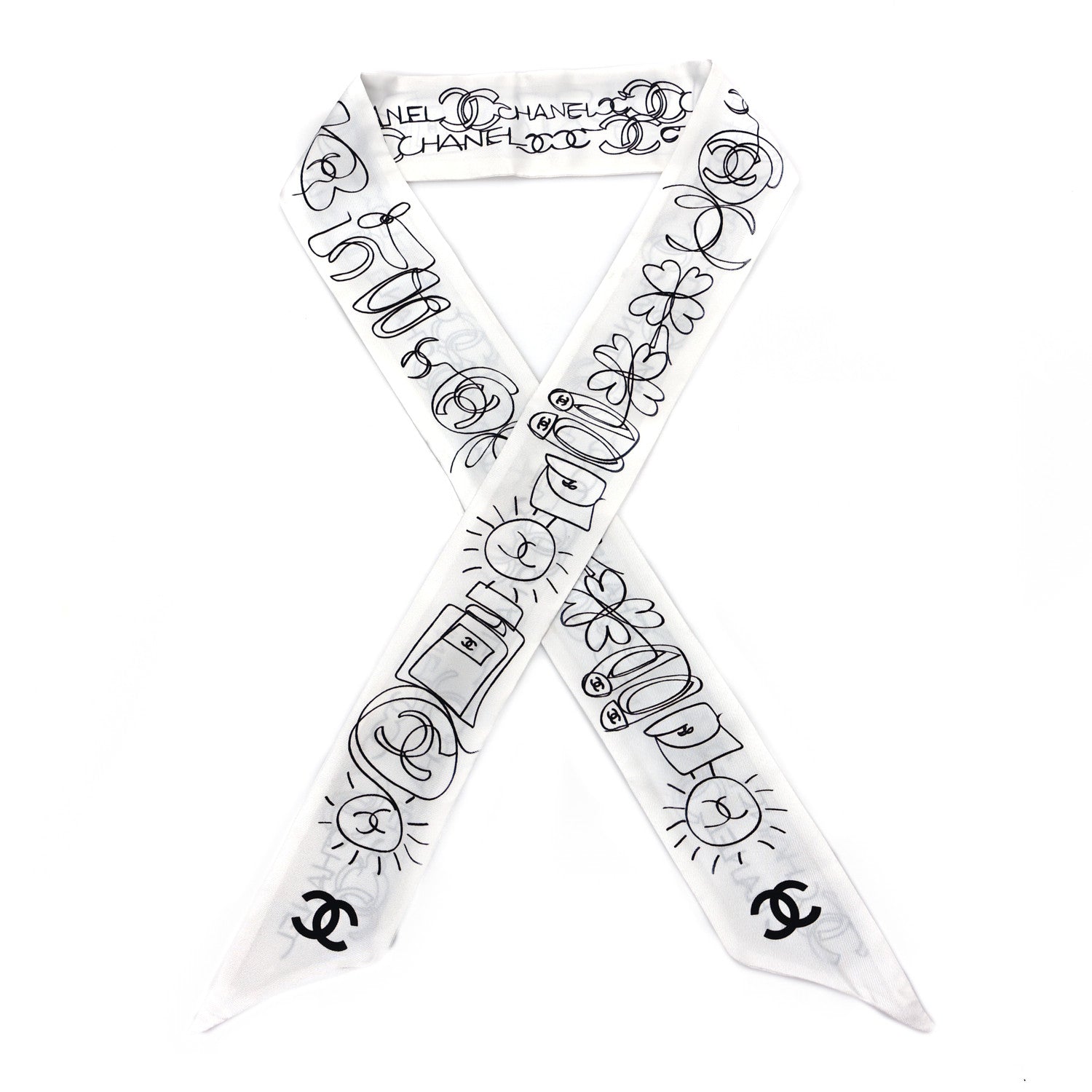 Chanel Silk Twill CC Slim Bandeau Scarf White Black 1 of 3