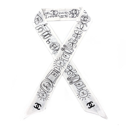 Chanel Silk Twill CC Slim Bandeau Scarf White Black 1 of 3