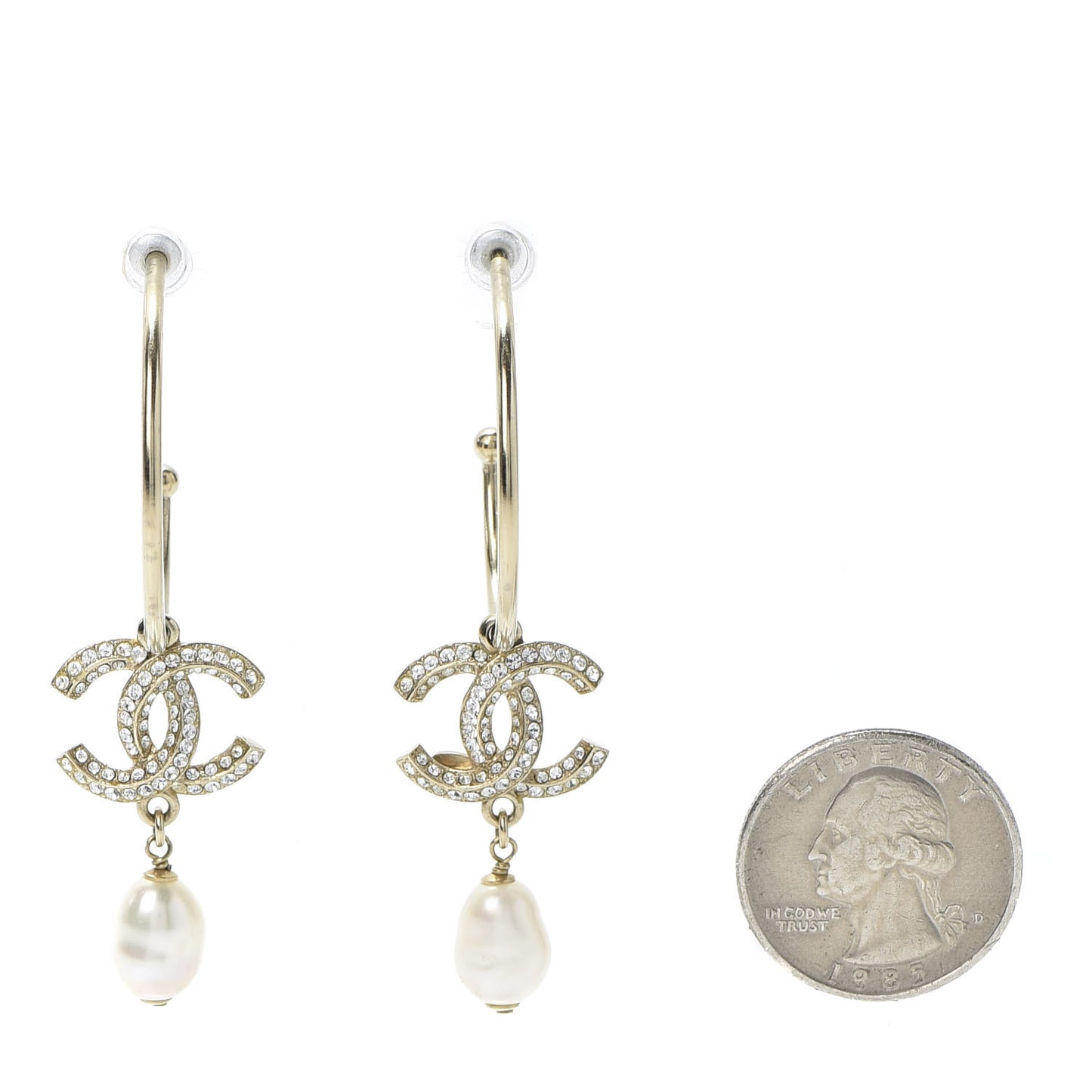 Crystal Pearl CC Drop Hoop Earrings Gold