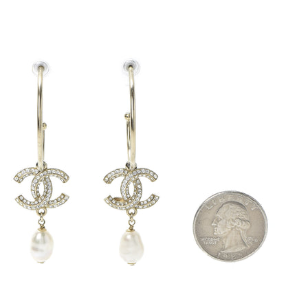 Chanel Crystal Pearl CC Drop Hoop Earrings Gold 2 of 5