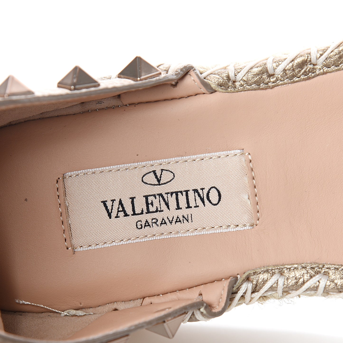 Metallic Grained Calfskin Rockstud Ankle Wrap Espadrille Flatform Sandals 36 Skin Natural