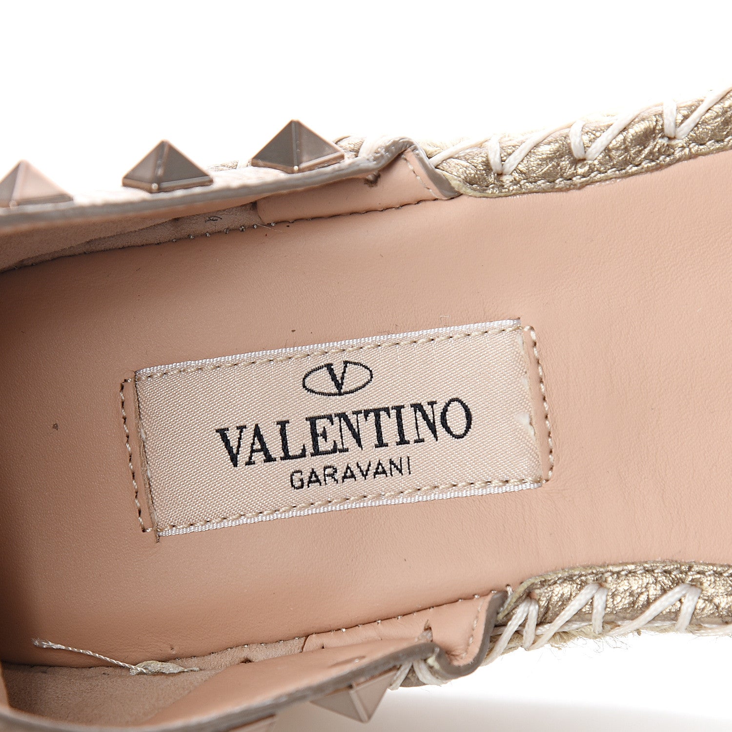 Valentino Garavani Metallic Grained Calfskin Rockstud Ankle Wrap Espadrille Flatform Sandals 36 Skin Natural 7 of 9