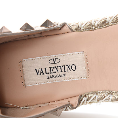 Valentino Garavani Metallic Grained Calfskin Rockstud Ankle Wrap Espadrille Flatform Sandals 36 Skin Natural 7 of 9