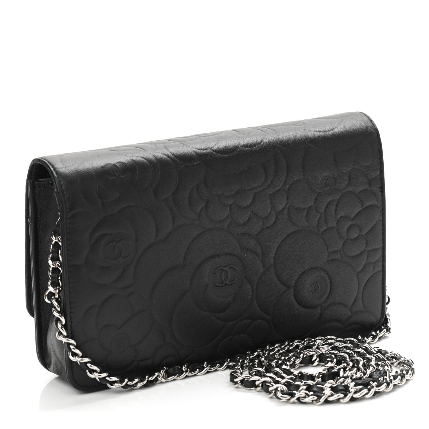 Lambskin Camellia Embossed Wallet on Chain WOC Black