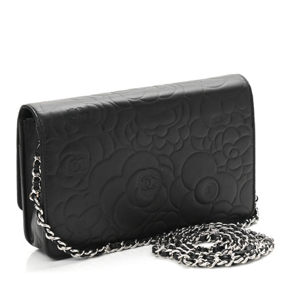 Chanel Lambskin Camellia Embossed Wallet on Chain WOC Black 3 of 12