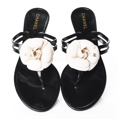 Chanel Jelly Camellia Thong Sandals 40 Black Ivory 5 of 10