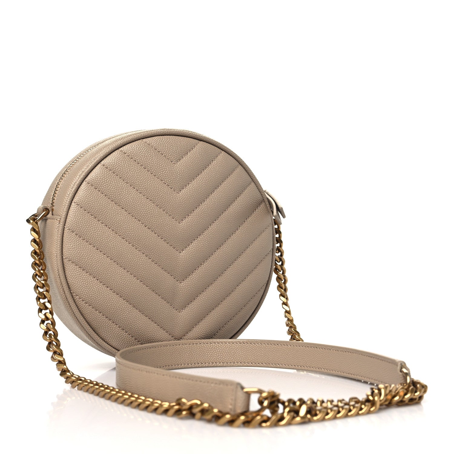 Saint Laurent Grain De Poudre Matelasse Chevron Quilted Round Vinyle Camera Bag Dark Beige 3 of 10