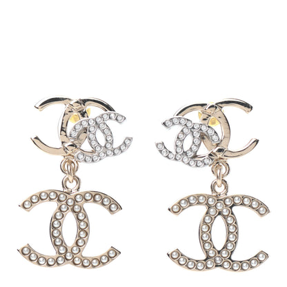 Chanel Crystal Pearl Double CC Drop Earrings Gold Silver 1 of 4