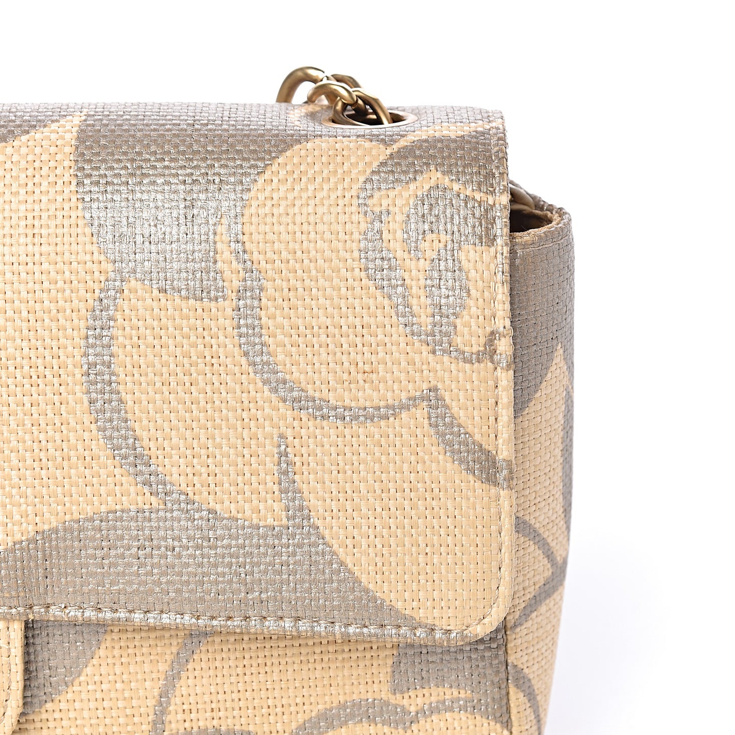 Woven Straw Camellia Print Medium Single Flap