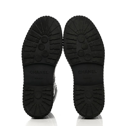 Chanel Calfskin Grosgrain Quilted Lace Up Boots 37 Black Grey 5 of 19