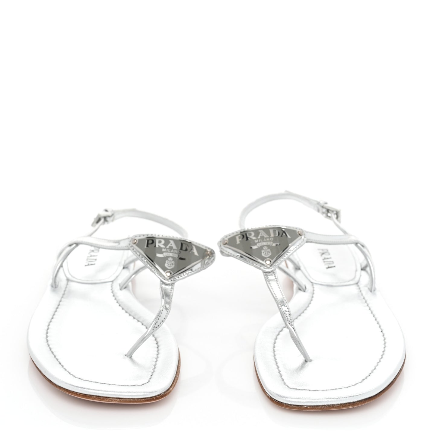 Metallic Calfskin Metal Triangle Logo Slingback Flat Thong Sandals 38.5 Argento