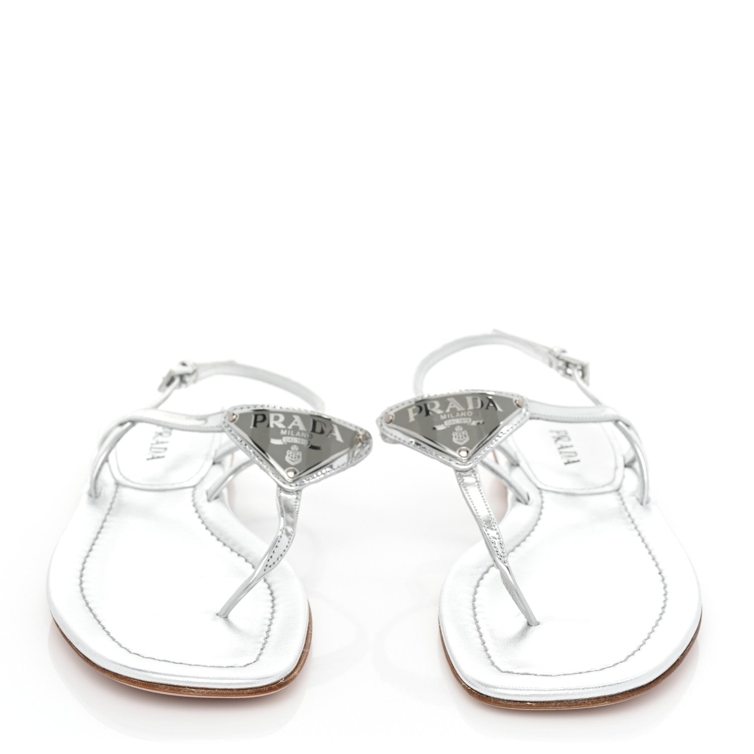 Prada Metallic Calfskin Metal Triangle Logo Slingback Flat Thong Sandals 38.5 Argento 2 of 12