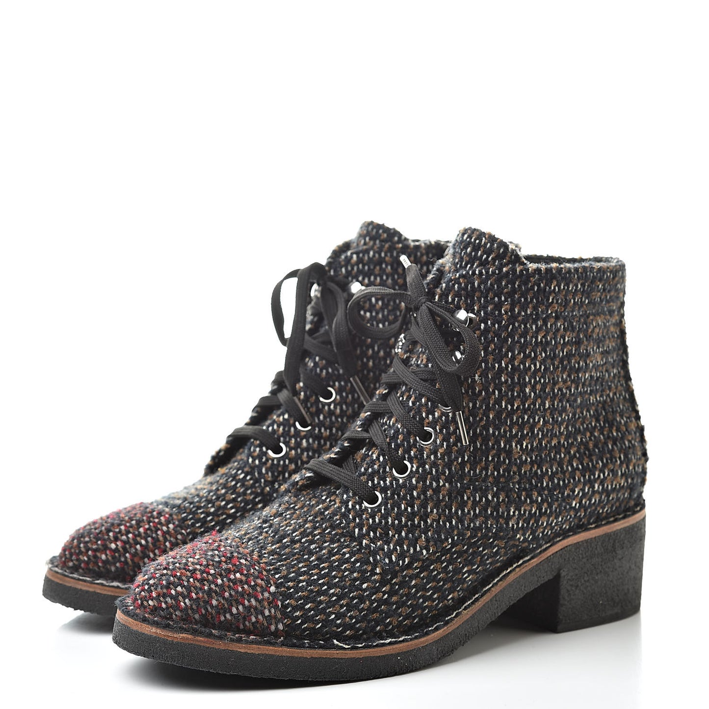 Tweed Quilted Lace Up Short Boots 40.5 Black Multicolor
