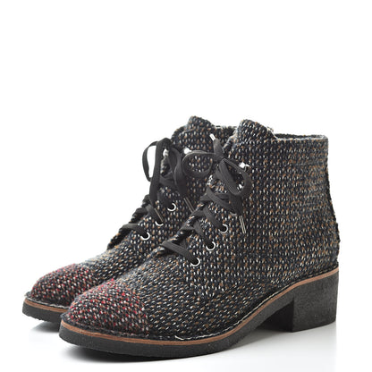Chanel Tweed Quilted Lace Up Short Boots 40.5 Black Multicolor 3 of 8