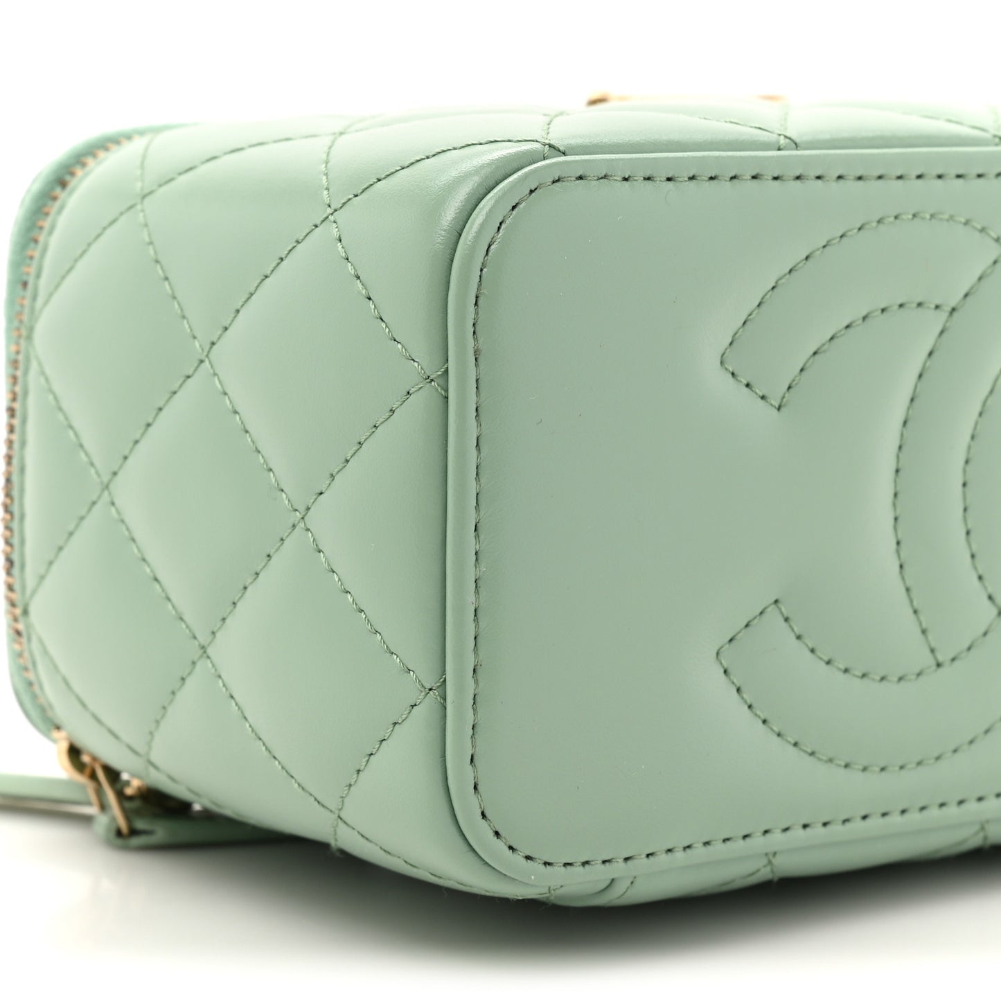 Shiny Calfskin Quilted Small Top Handle Vanity Case With Chain Light Green