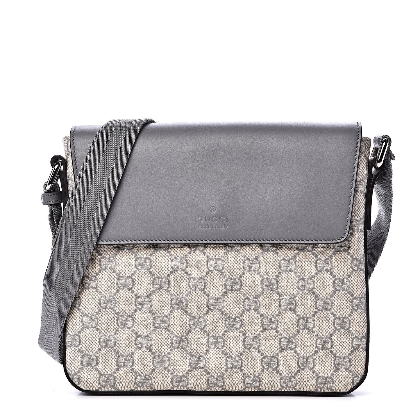GG Supreme Monogram Selleria Calfskin Medium Satchel Messenger Bag Ecru Grigio