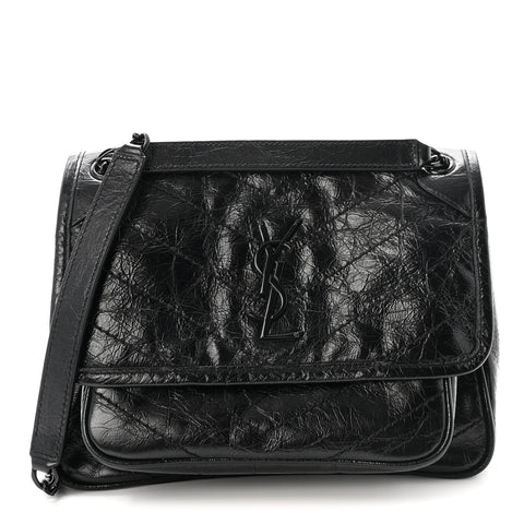 Crinkled Calfskin Matelasse Monogram Baby Niki Chain Satchel Black