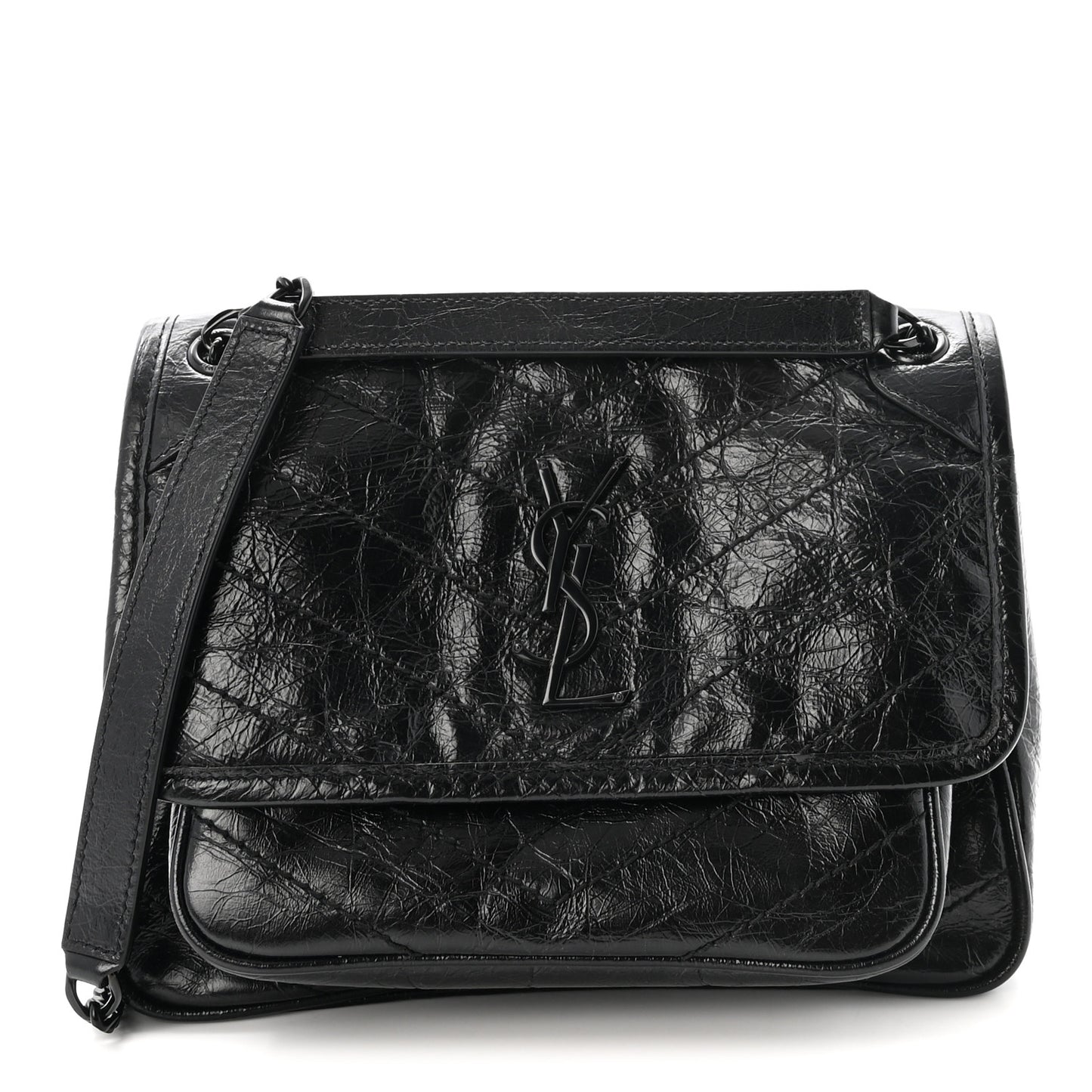 Crinkled Calfskin Matelasse Monogram Baby Niki Chain Satchel Black