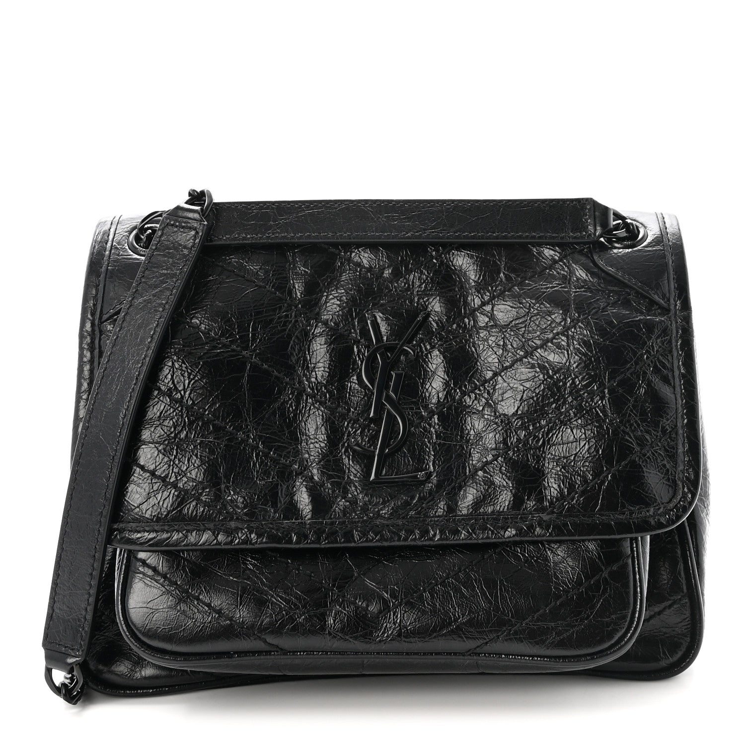Saint Laurent Crinkled Calfskin Matelasse Monogram Baby Niki Chain Satchel Black 1 of 10