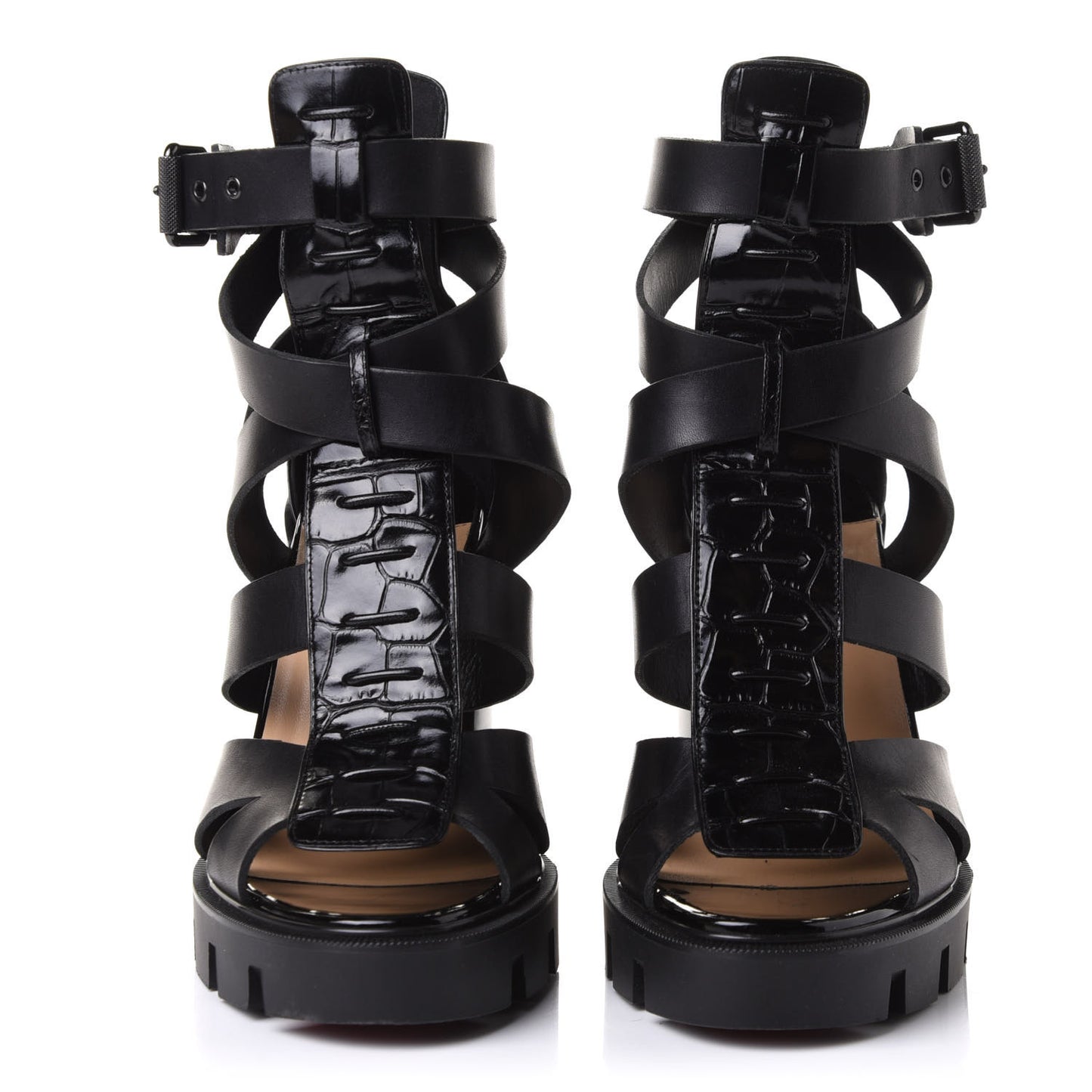 Calfskin Crocodile Embossed Platform Sandals 37.5 Black