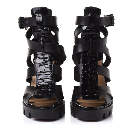 Christian Louboutin Calfskin Crocodile Embossed Platform Sandals 37.5 Black 2 of 8