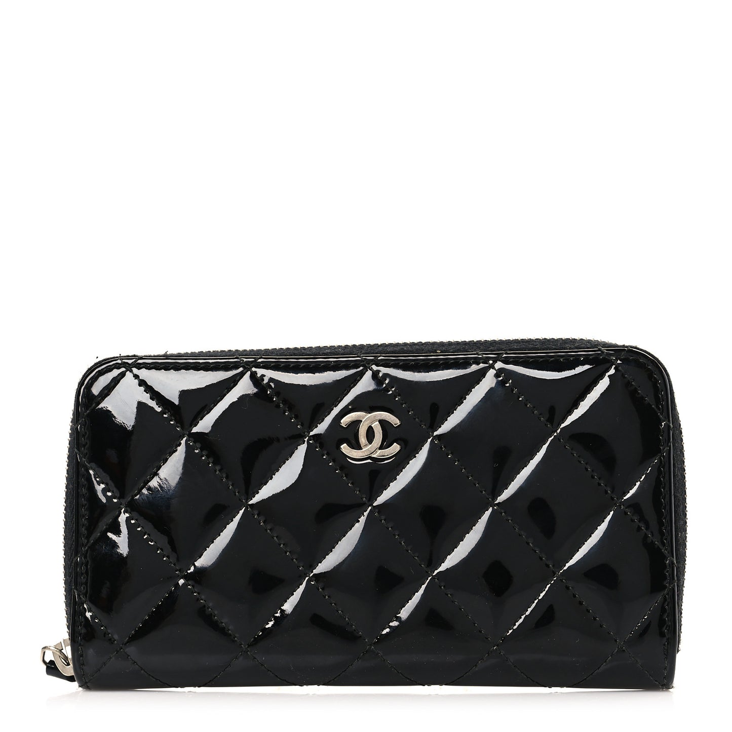 Patent Quilted Small Zip Around Wallet Black
