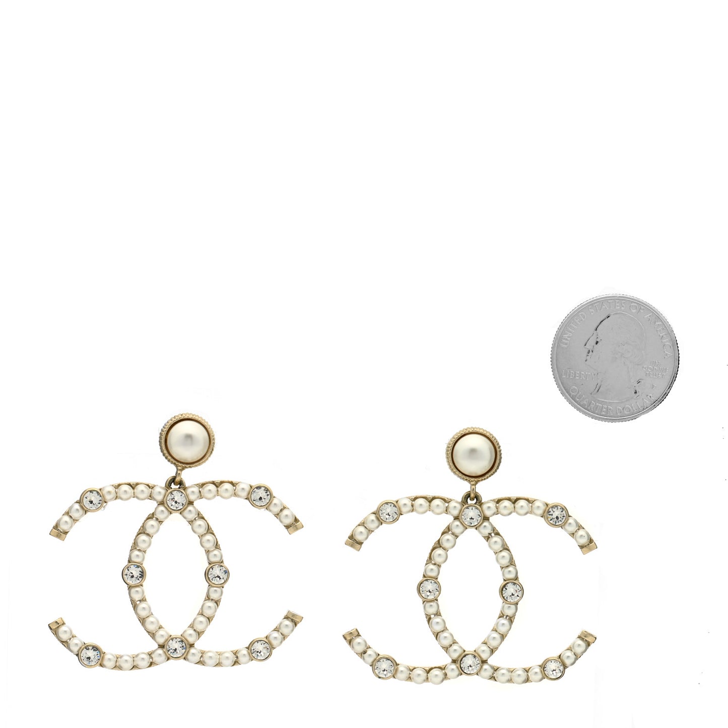 Metal Crystal Pearl CC Drop Earrings Gold