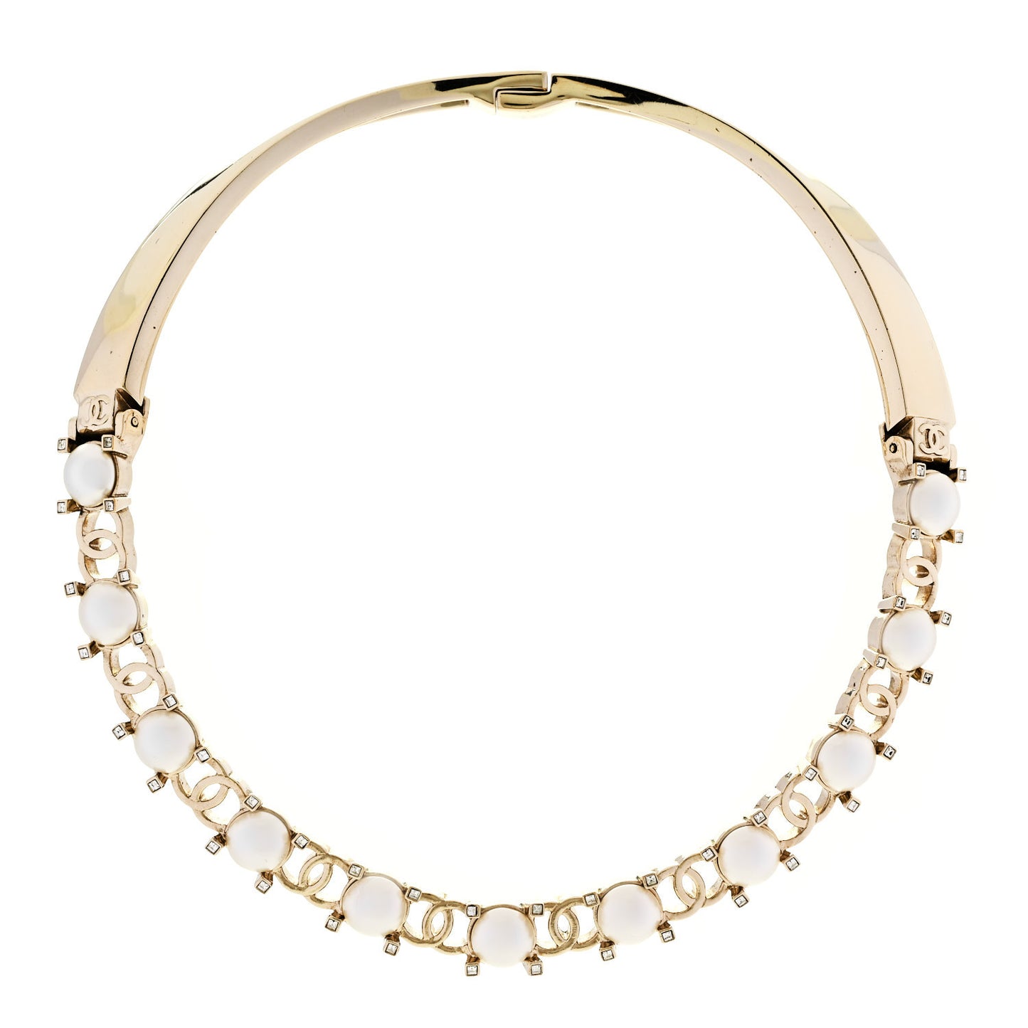 Strass Crystal Studded Pearl CC Choker Necklace Gold Pearly White