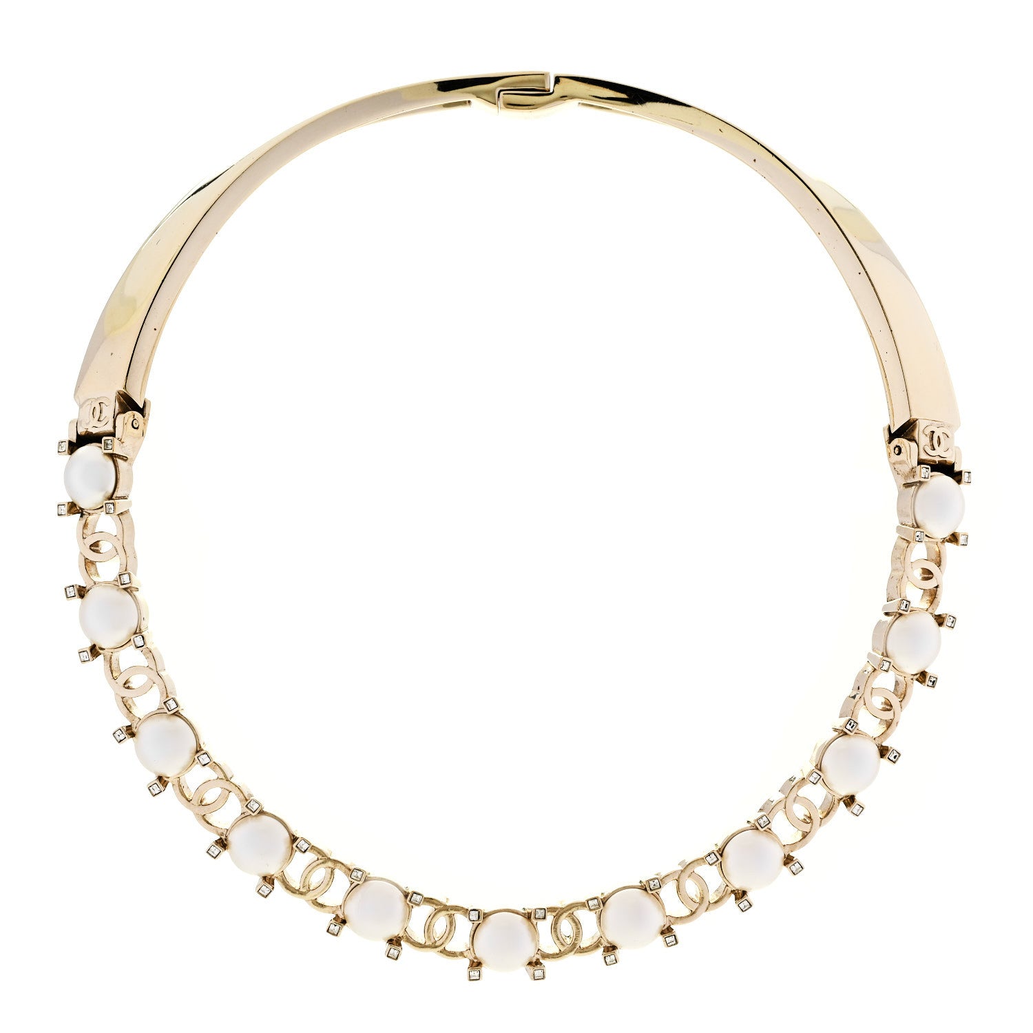 Chanel Strass Crystal Studded Pearl CC Choker Necklace Gold Pearly White 3 of 5