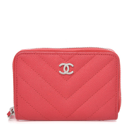 Chanel Caviar Chevron Quilted Zip Coin Purse Light Red 1 of 13