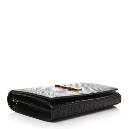Saint Laurent Calfskin Crocodile Embossed Cassandre Wallet On Chain WOC Black 4 of 8