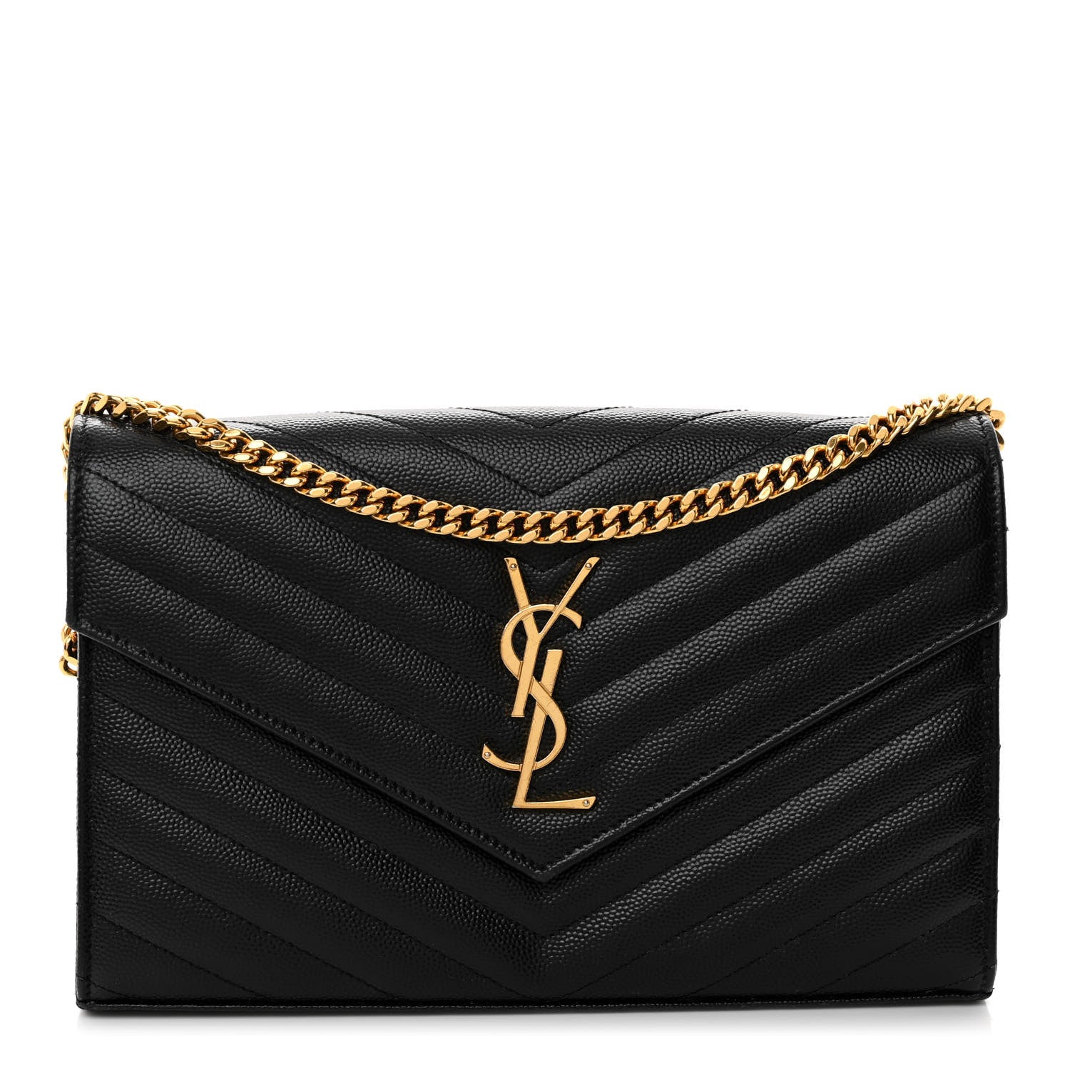 Saint Laurent Grain De Poudre Matelasse Chevron Monogram Chain Wallet Black 1 of 9