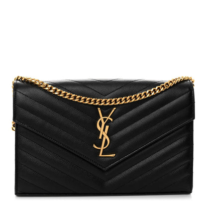 Saint Laurent Grain De Poudre Matelasse Chevron Monogram Chain Wallet Black 1 of 9