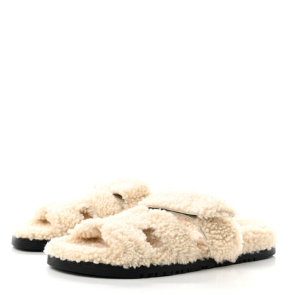 Hermes Woolskin Womens Chypre Sandals 37.5 Ecru 3 of 6