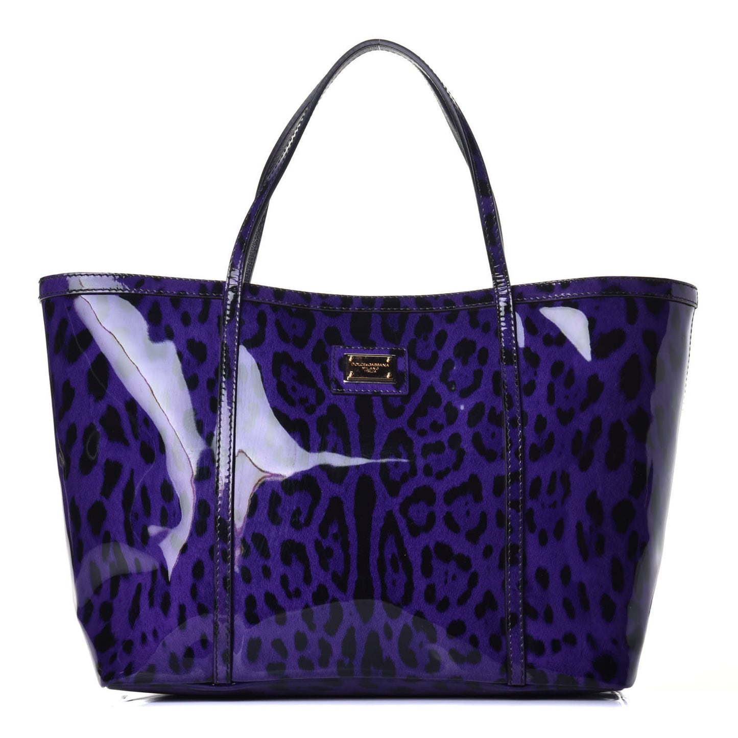 Patent Leopard Print Shopping Tote Purple Black
