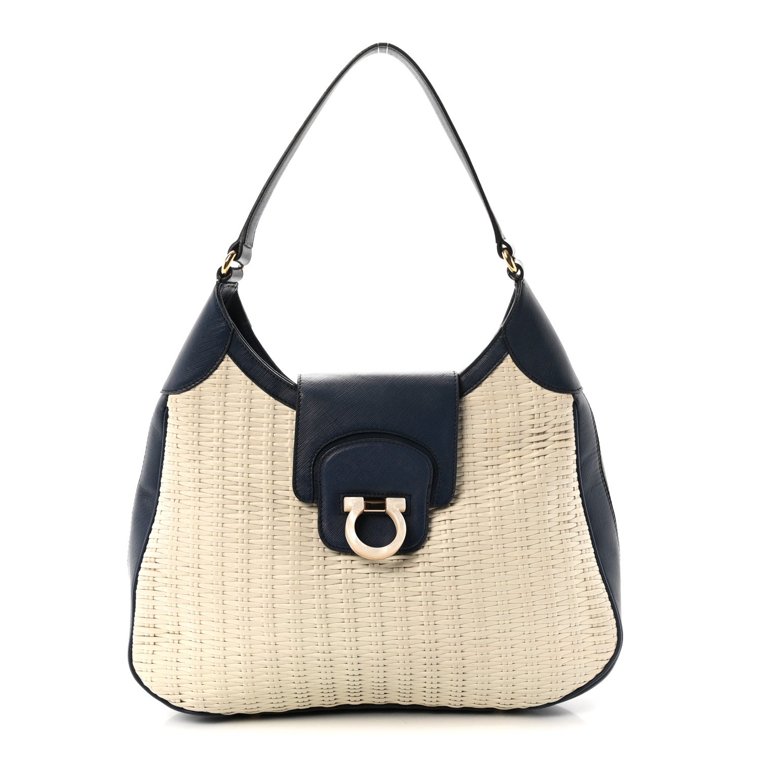 Salvatore Ferragamo Woven Calfskin Gancini Hobo Blue White 1 of 9