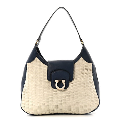Salvatore Ferragamo Woven Calfskin Gancini Hobo Blue White 1 of 9
