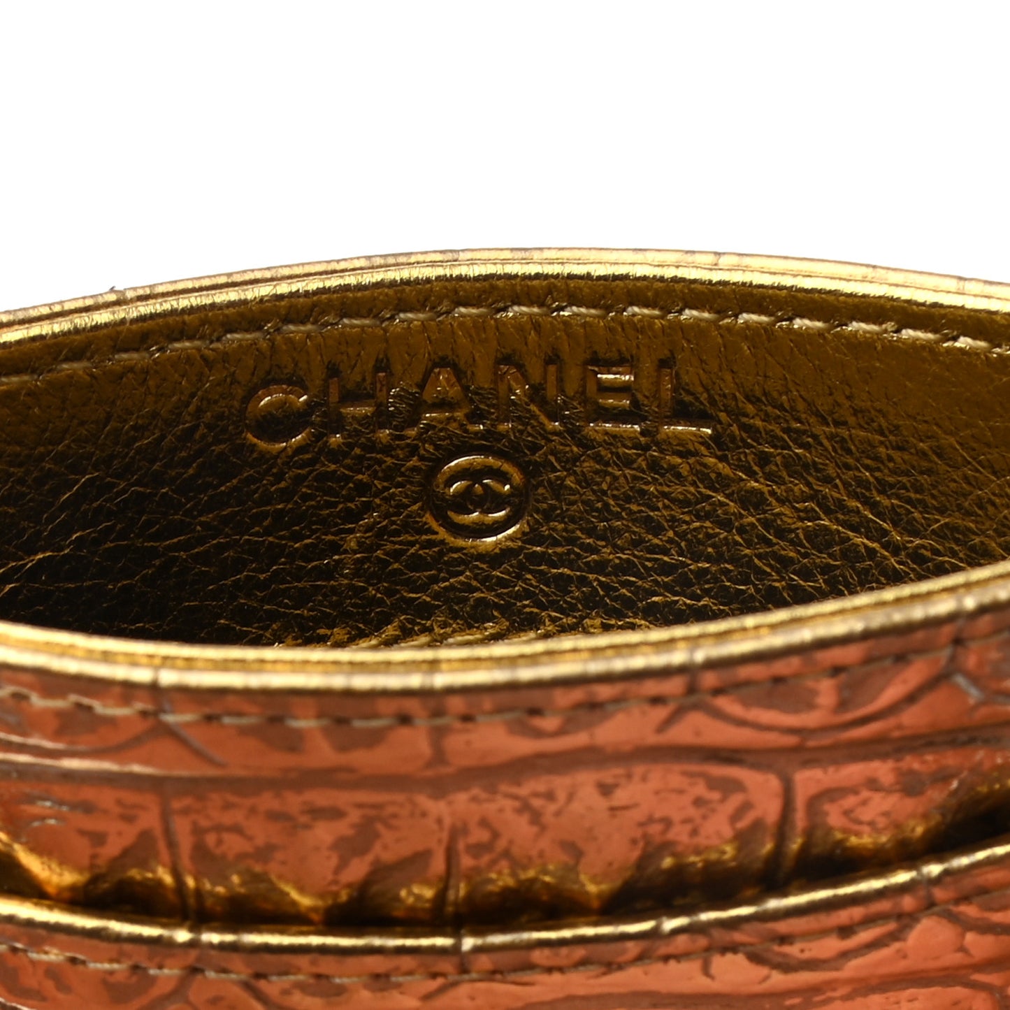 Metallic Calfskin Crocodile Embossed Cocodile Card Holder Gold