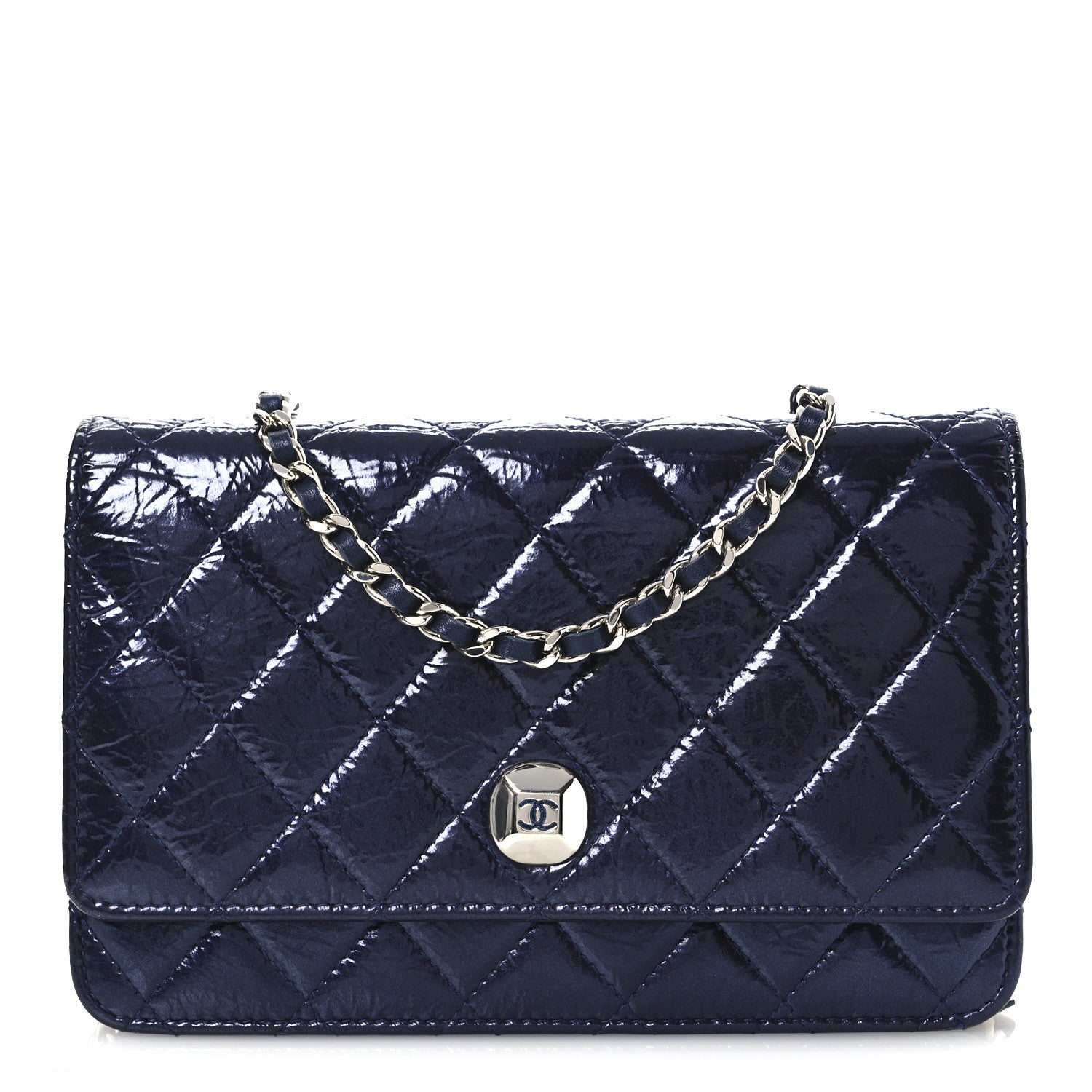 Chanel Patent Metallic Crumpled Calfskin Quilted Wallet On Chain WOC Navy 1 of 11