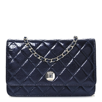 Chanel Patent Metallic Crumpled Calfskin Quilted Wallet On Chain WOC Navy 1 of 11
