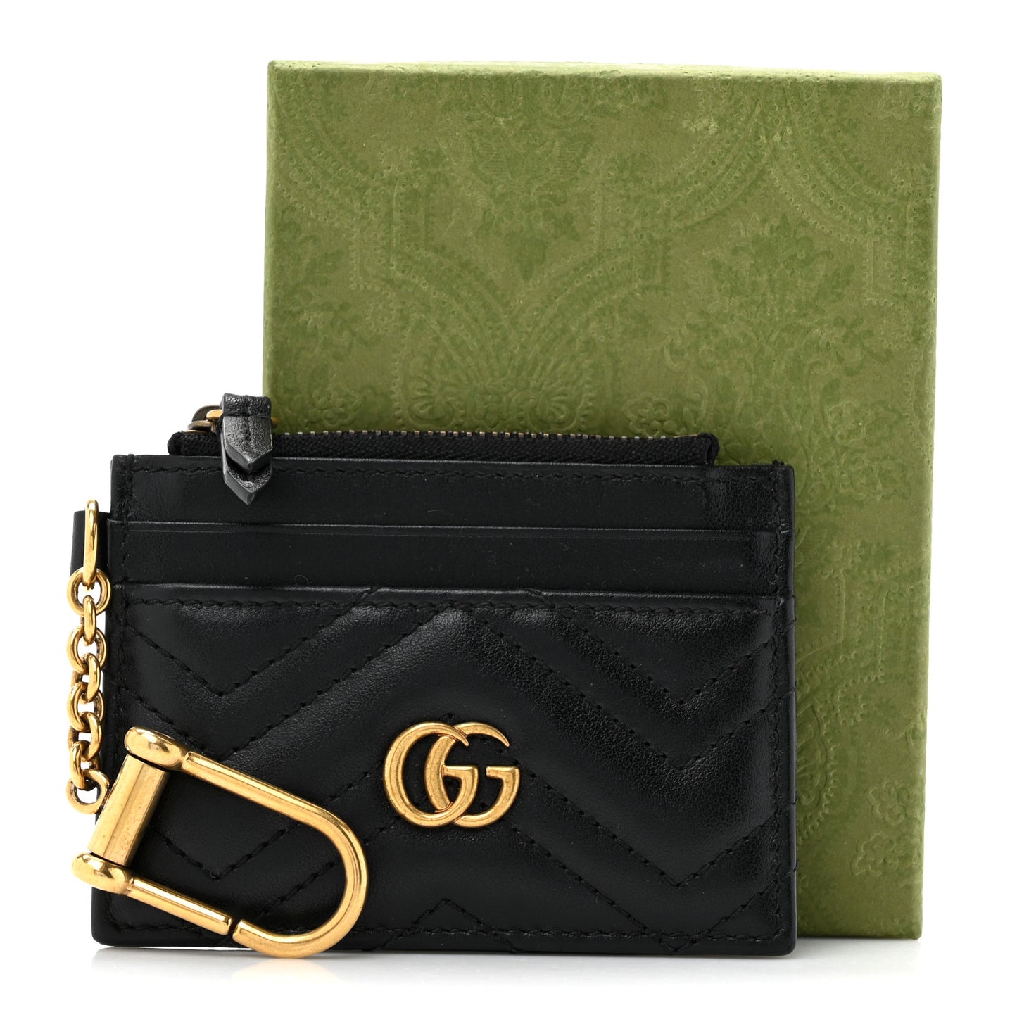 Calfskin Matelasse Chevron GG Marmont Key Case Card Holder Black