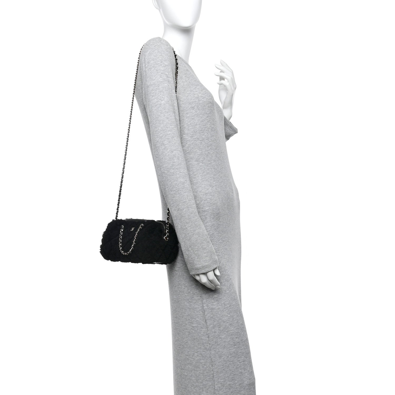 Chanel Shearling Quilted Barrel Clutch With Chain Black 1777071