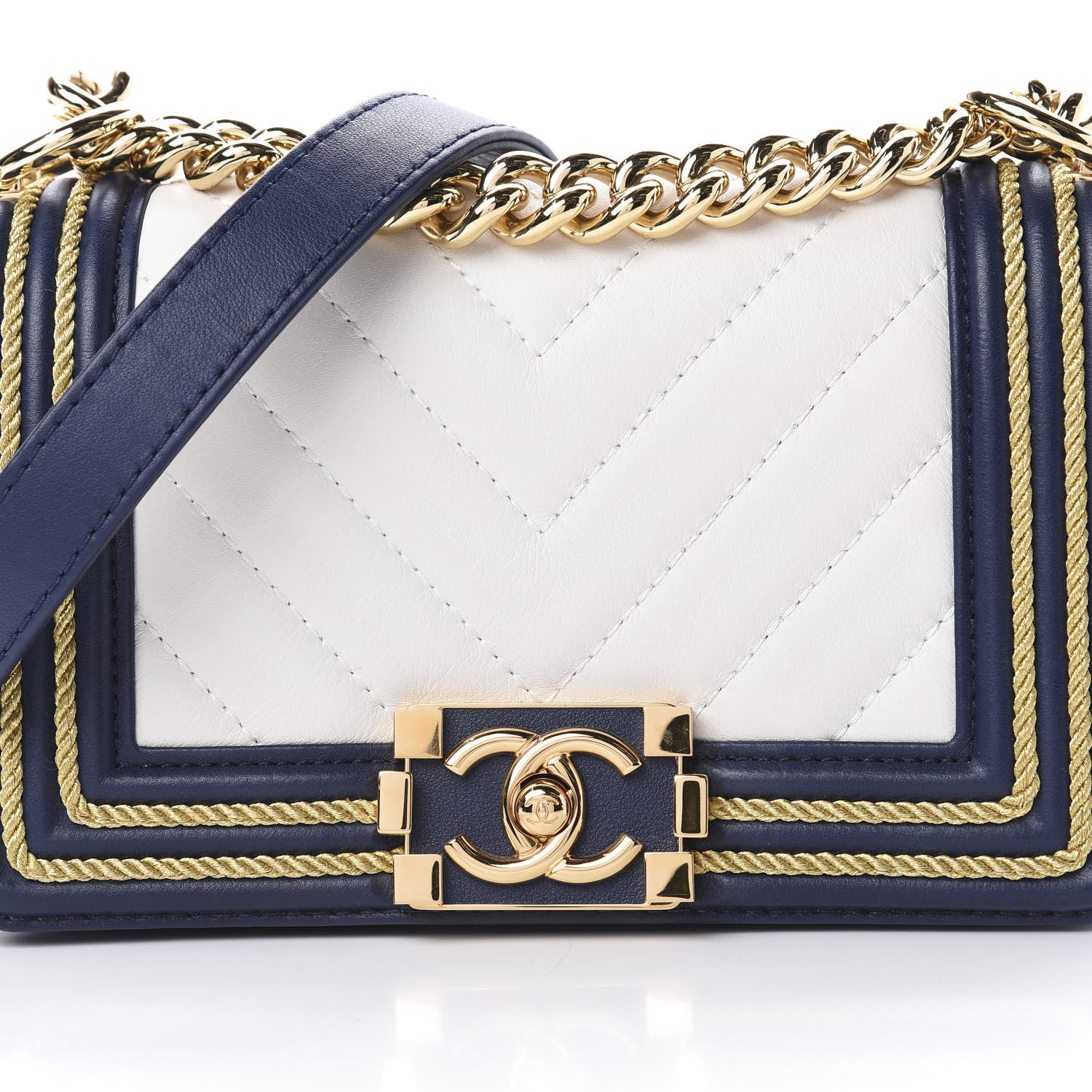 Chanel Calfskin Chevron Quilted Braided Small Boy Flap White Navy 8 of 11